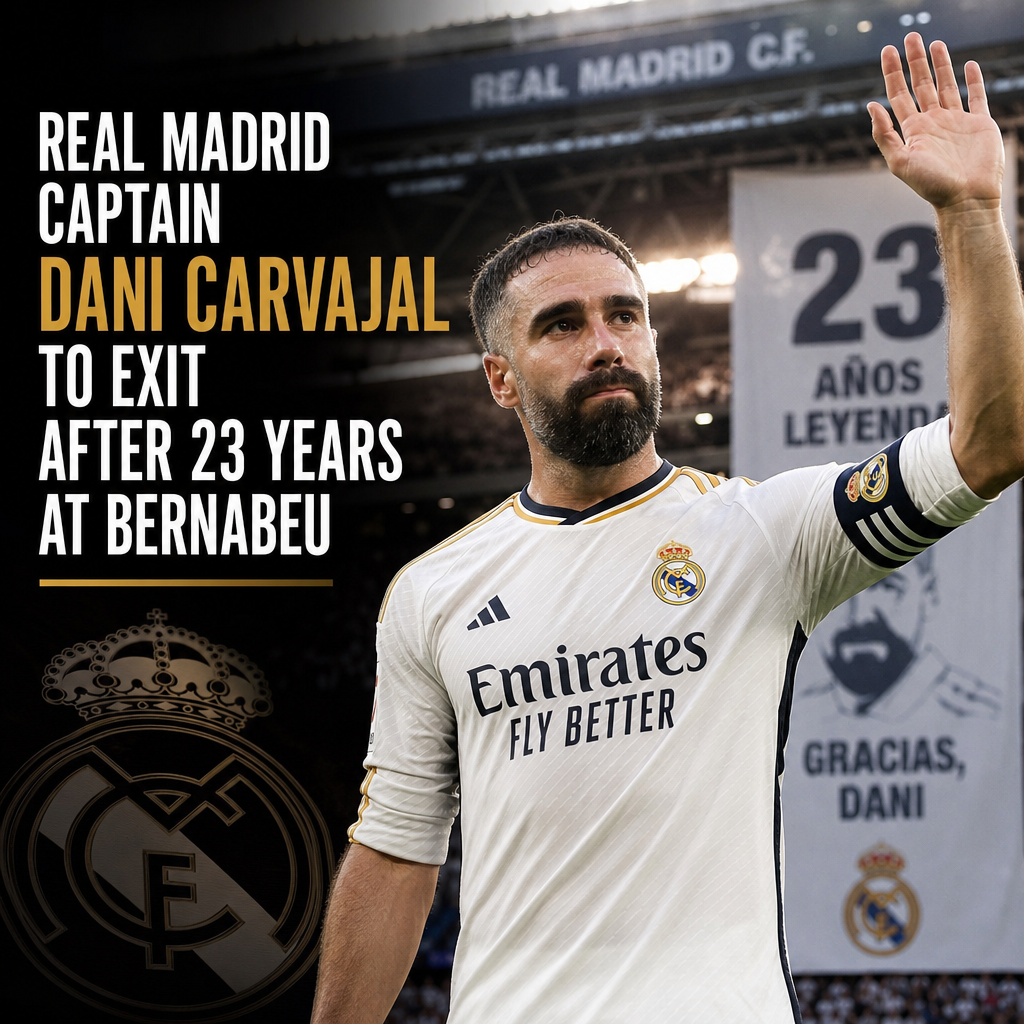 Real Madrid captain Dani Carvajal stands at Bernabeu stadium announcing his departure after 23 years.