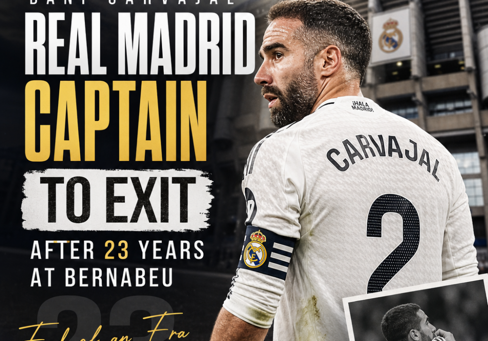 Dani Carvajal in Real Madrid jersey, signaling his departure after 23 years at Santiago Bernabeu.