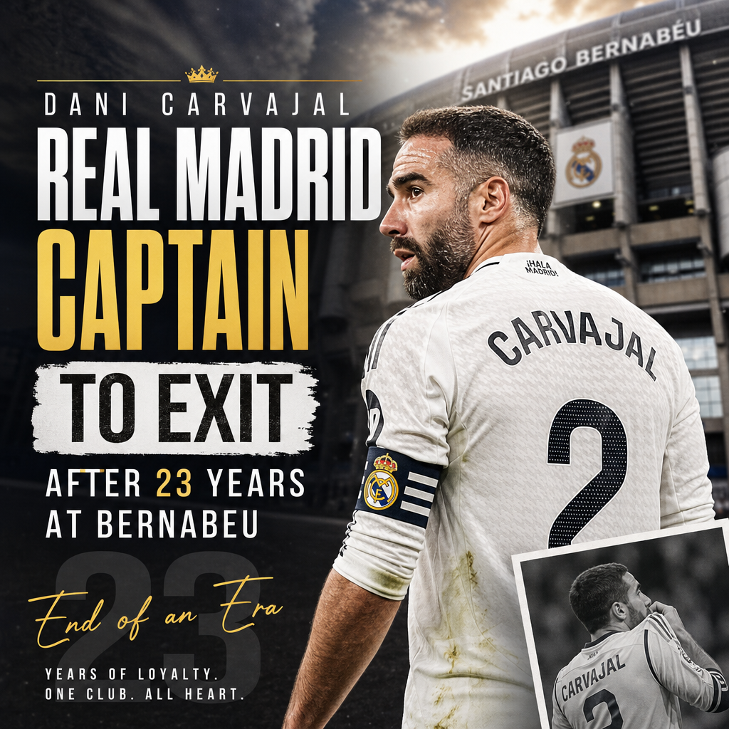 Dani Carvajal in Real Madrid jersey, signaling his departure after 23 years at Santiago Bernabeu.