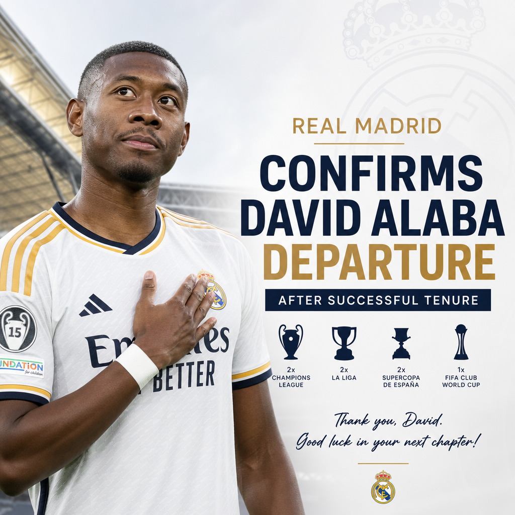David Alaba in Real Madrid jersey, celebrating on the field, symbolizing his departure after a successful tenure.