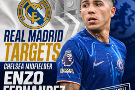 Enzo Fernandez in Chelsea kit, with Real Madrid logo and transfer arrows indicating summer move interest.
