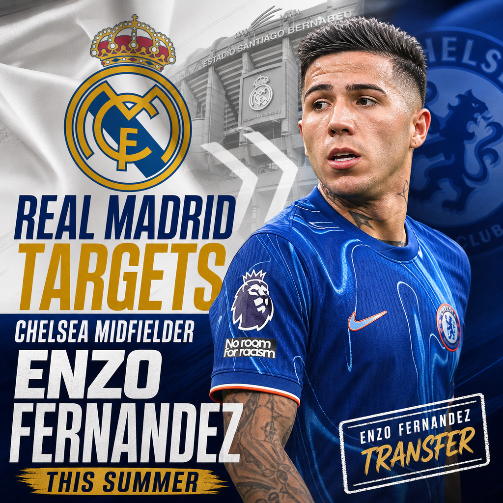 Enzo Fernandez in Chelsea kit, with Real Madrid logo and transfer arrows indicating summer move interest.