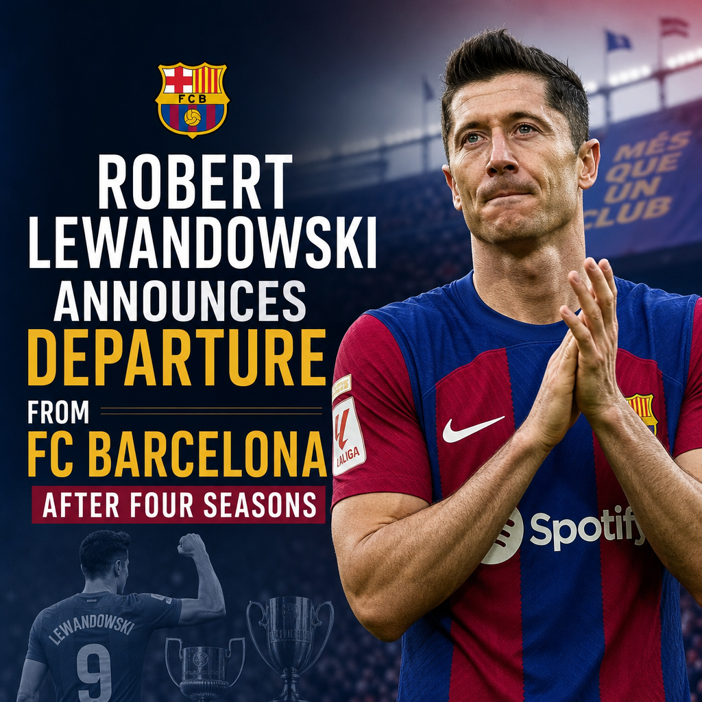 Robert Lewandowski in FC Barcelona jersey announces his departure after four seasons, looking serious on press conference.