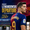 Robert Lewandowski in FC Barcelona jersey announces departure after four seasons, looking thoughtful during press conference.