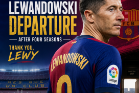 Robert Lewandowski in FC Barcelona jersey announces departure after four seasons, looking thoughtful during press conference.
