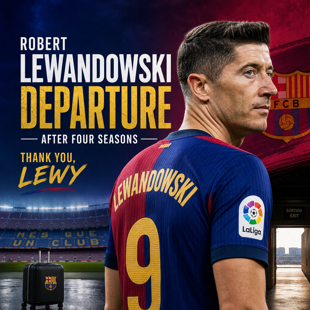 Robert Lewandowski in FC Barcelona jersey announces departure after four seasons, looking thoughtful during press conference.