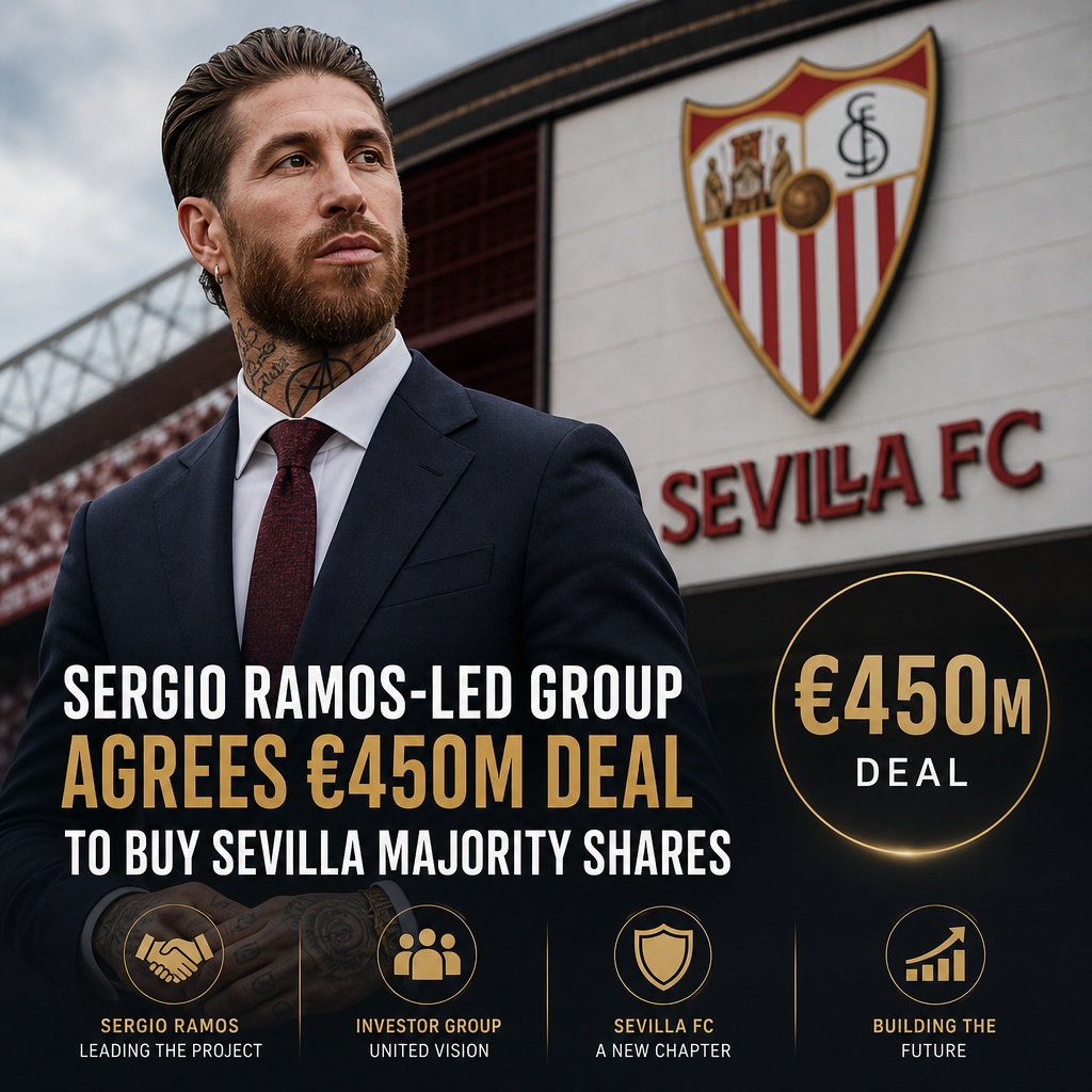 Sergio Ramos smiling with Sevilla FC logo and a €450M deal headline about majority shares takeover.