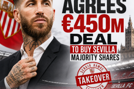 Sergio Ramos smiling in a suit with Sevilla FC stadium in the background, symbolizing his €450M group takeover deal.