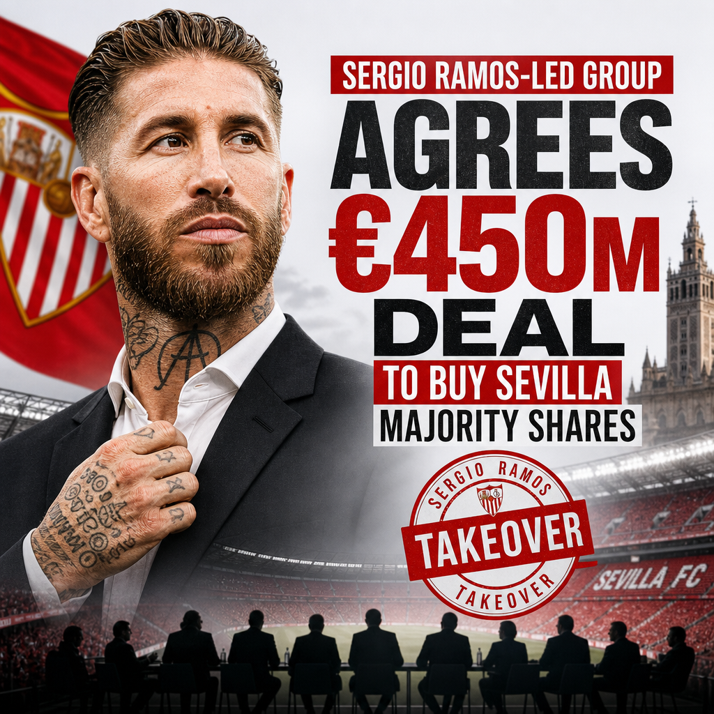 Sergio Ramos smiling in a suit with Sevilla FC stadium in the background, symbolizing his €450M group takeover deal.