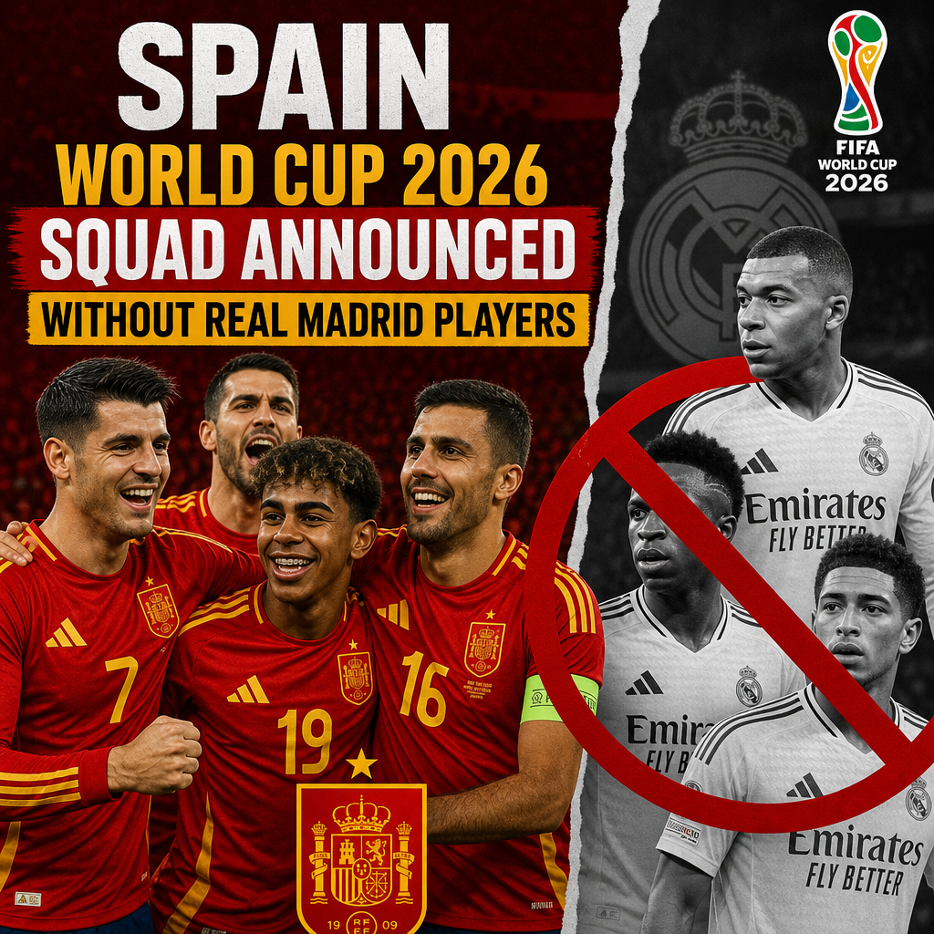 Spain World Cup 2026 squad announcement showing players with no Real Madrid members included.