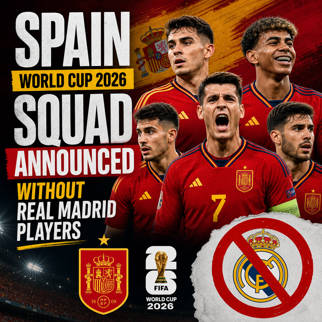 Spain World Cup 2026 squad announced, showing players without any from Real Madrid club.