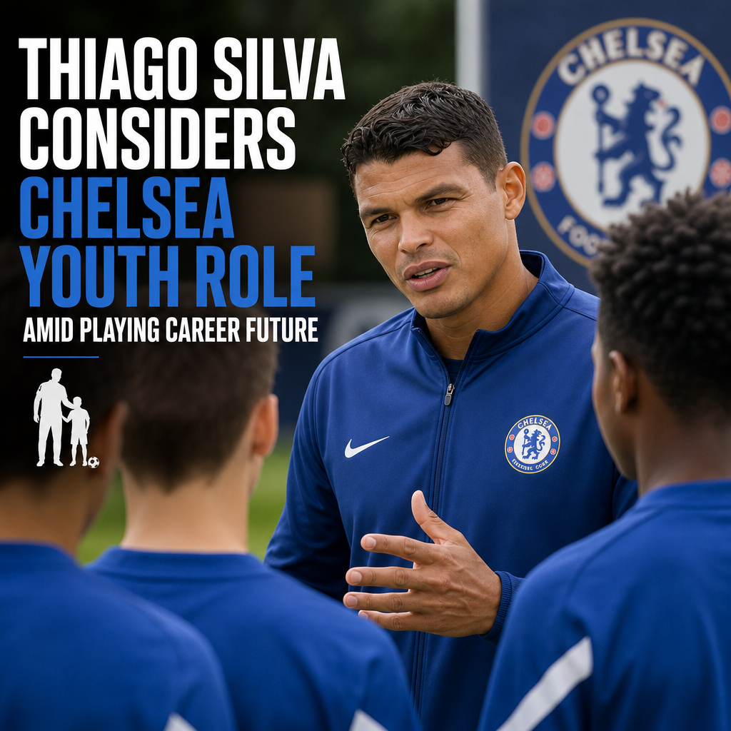 Thiago Silva in a Chelsea jacket speaking at a press conference about his future and coaching role.