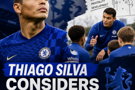 Thiago Silva in Chelsea kit, looking thoughtful, considering a youth coaching role while reflecting on his playing career.