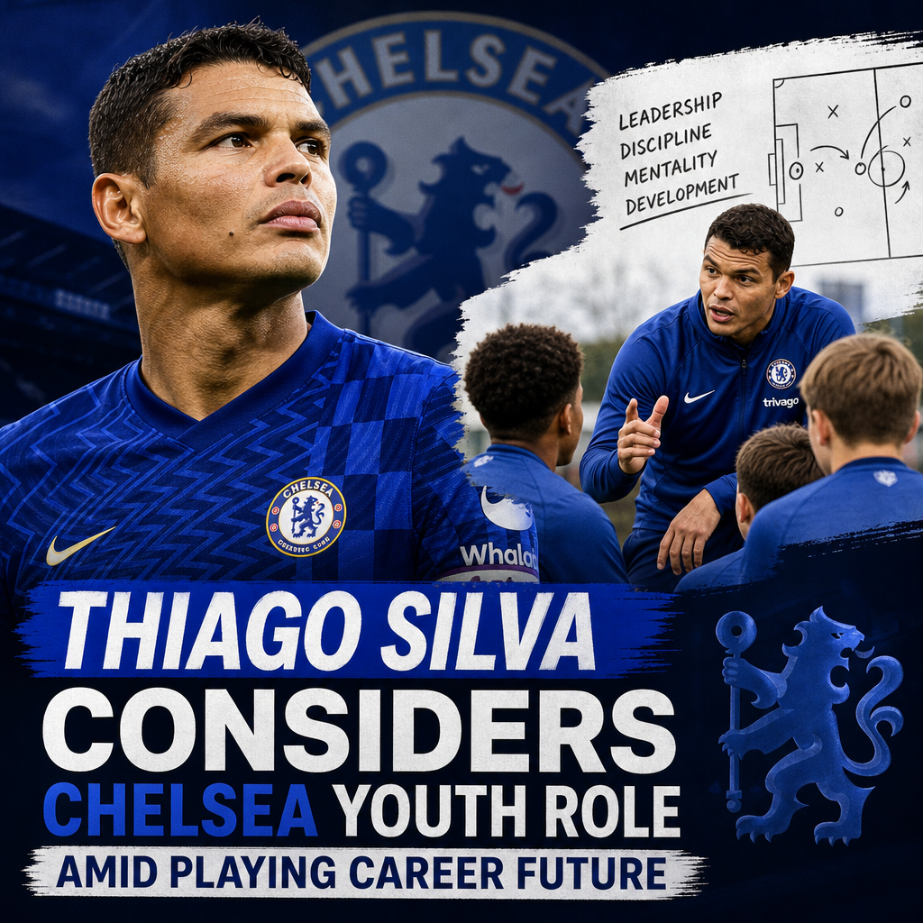 Thiago Silva in Chelsea kit, looking thoughtful, considering a youth coaching role while reflecting on his playing career.
