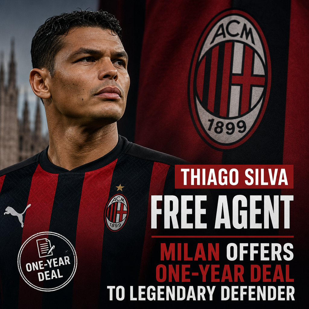 Thiago Silva in AC Milan jersey with text about Milan's one-year offer to the free agent defender.