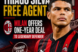 Thiago Silva in AC Milan jersey, labeled free agent, with text about Milan’s one-year offer to the legendary defender.