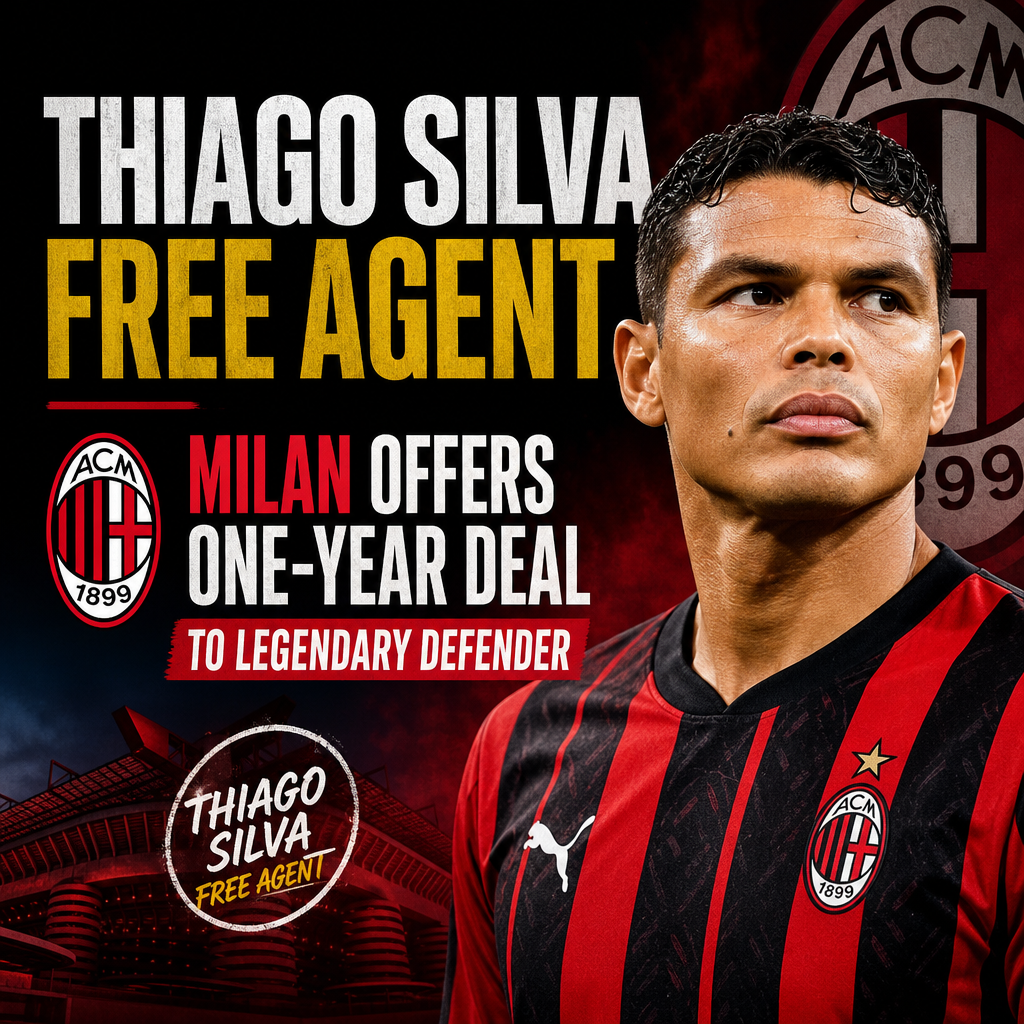 Thiago Silva in AC Milan jersey, labeled free agent, with text about Milan’s one-year offer to the legendary defender.
