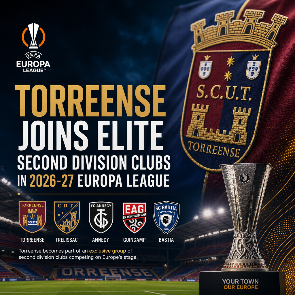 Logo of Torreense football club with 2026-27 UEFA Europa League second division clubs background.