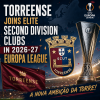 Logo of Torreense football club with text announcing their participation in the 2026-27 UEFA Europa League second division.