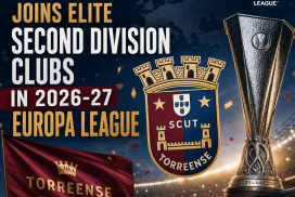 Logo of Torreense football club with text announcing their participation in the 2026-27 UEFA Europa League second division.