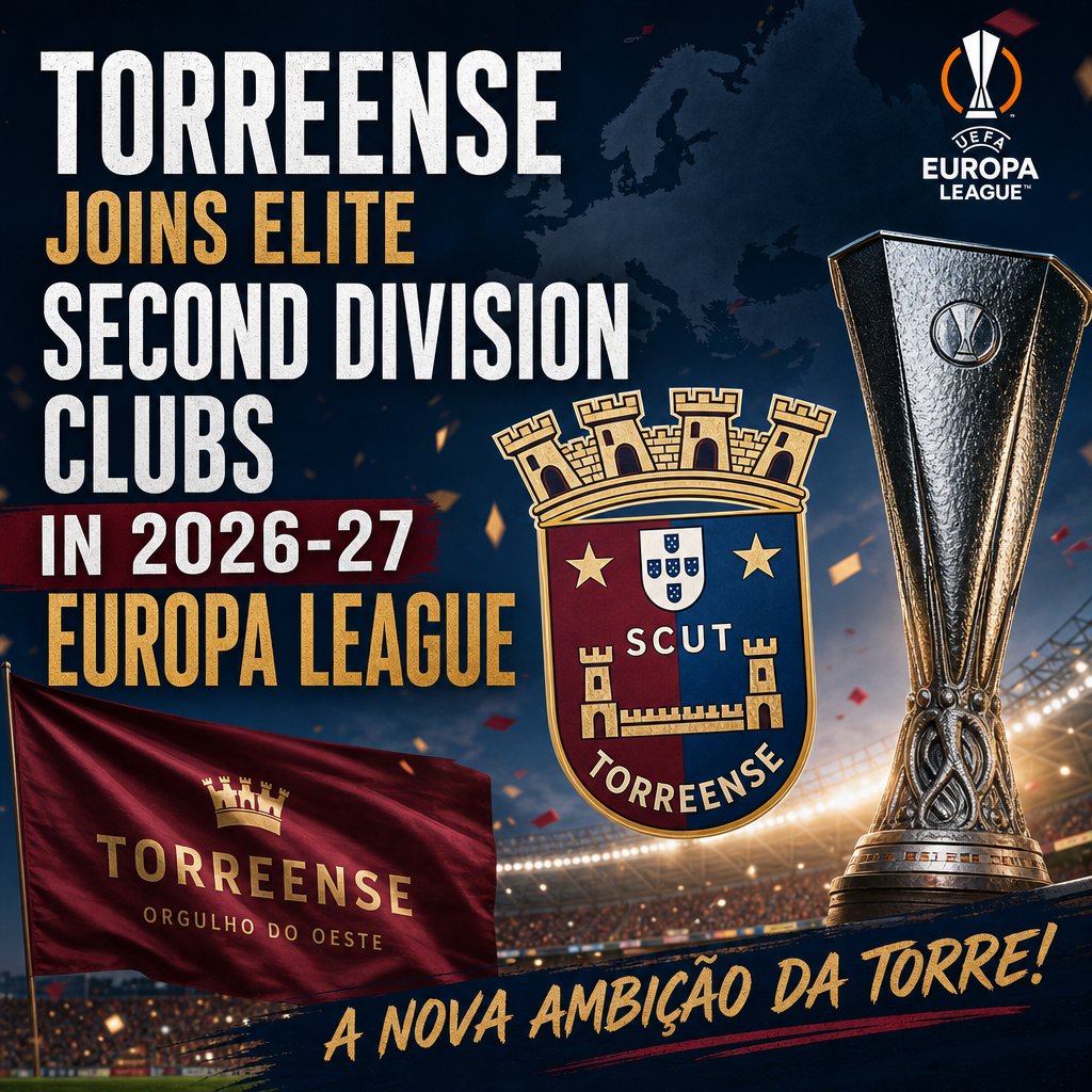 Logo of Torreense football club with text announcing their participation in the 2026-27 UEFA Europa League second division.