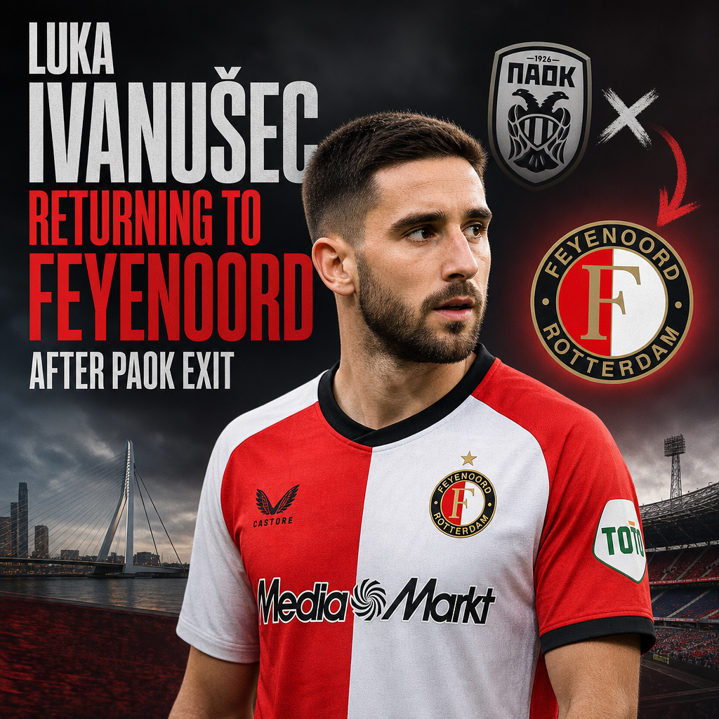 Luka Ivanušec in Feyenoord jersey, celebrating his return after leaving PAOK, with a confident expression.