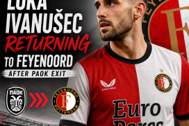Luka Ivanušec celebrating in a Feyenoord jersey, indicating his transfer return after exiting PAOK.