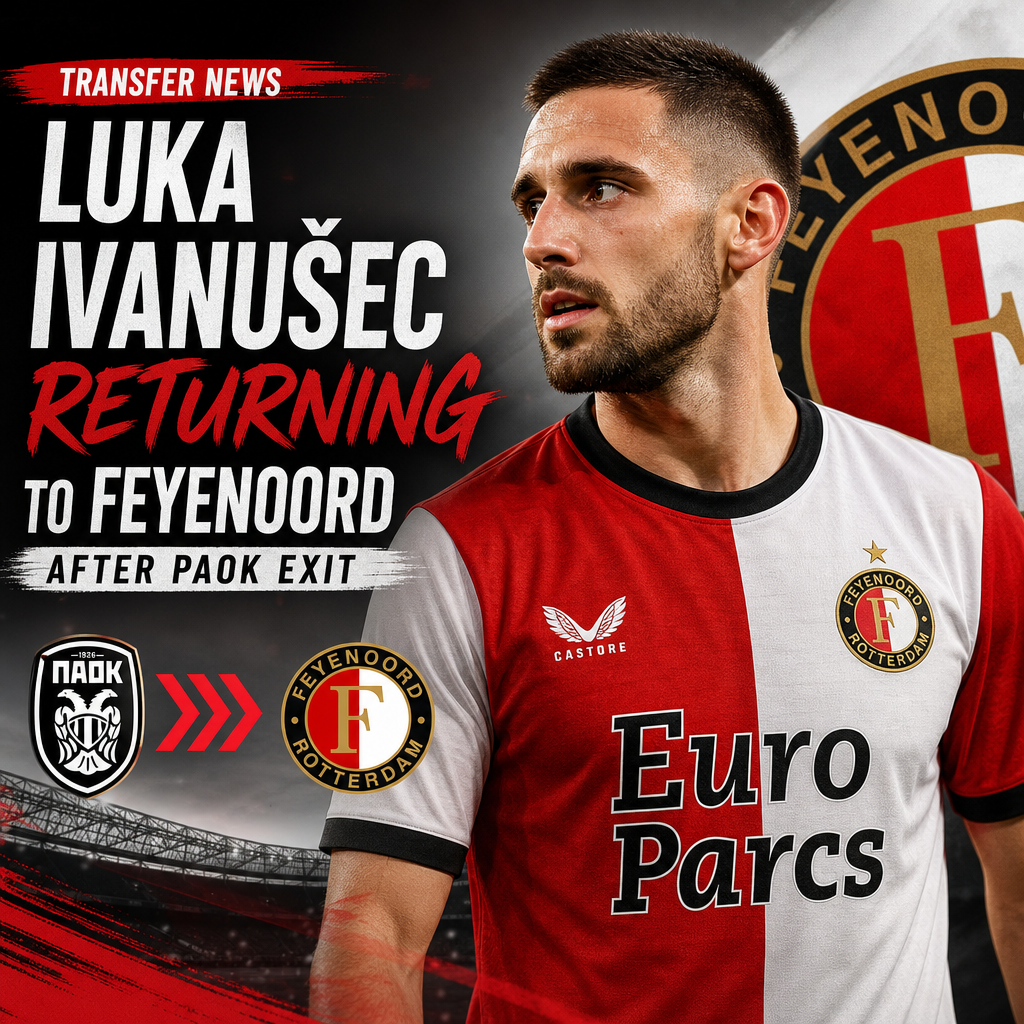 Luka Ivanušec celebrating in a Feyenoord jersey, indicating his transfer return after exiting PAOK.