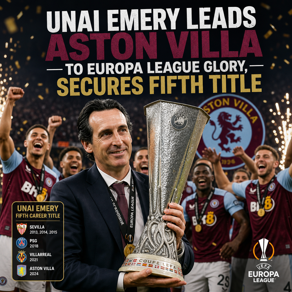Unai Emery celebrating with Aston Villa players after winning their fifth UEFA Europa League title in 2024.