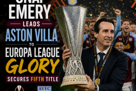 Unai Emery celebrating with Aston Villa players after winning their fifth UEFA Europa League title.