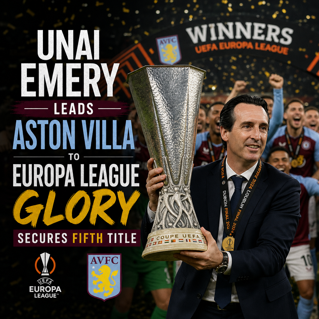 Unai Emery celebrating with Aston Villa players after winning their fifth UEFA Europa League title.