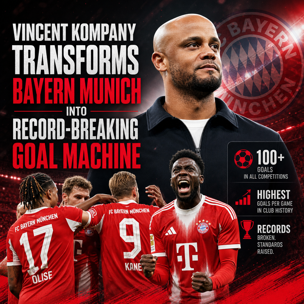 Vincent Kompany celebrating with Bayern Munich players, symbolizing their record-breaking 100+ goals season.