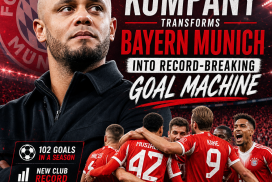 Vincent Kompany coaching Bayern Munich players celebrating after scoring a record 102 goals in a season.
