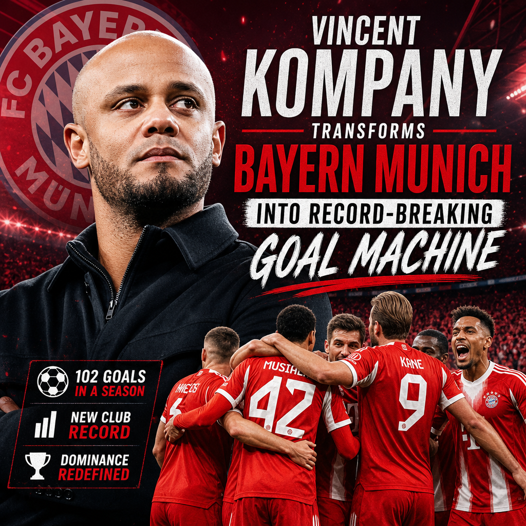 Vincent Kompany coaching Bayern Munich players celebrating after scoring a record 102 goals in a season.