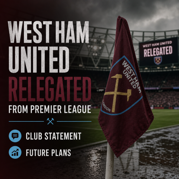 West Ham United logo with text "Relegated from Premier League" and club statement about future plans.