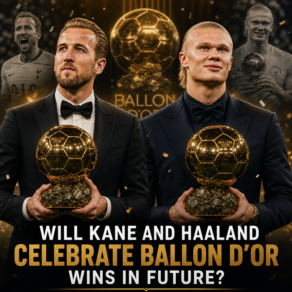 Harry Kane and Erling Haaland each hold a Ballon d’Or trophy, questioning their future wins.