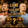 Harry Kane and Erling Haaland stand with Ballon d’Or trophies, imagining future celebrations of football's top award.