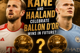Harry Kane and Erling Haaland stand with Ballon d’Or trophies, imagining future celebrations of football's top award.