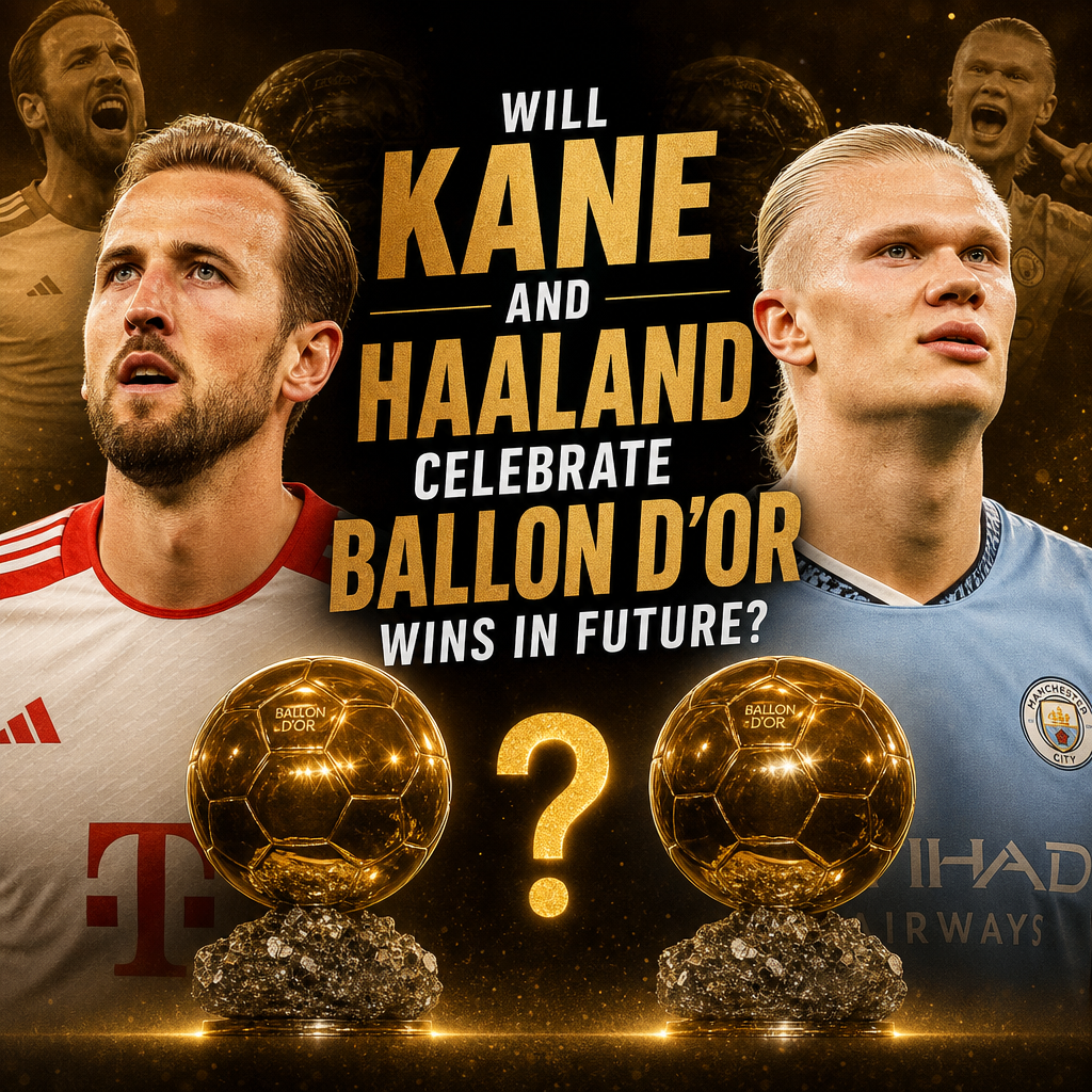 Harry Kane and Erling Haaland stand with Ballon d’Or trophies, imagining future celebrations of football's top award.