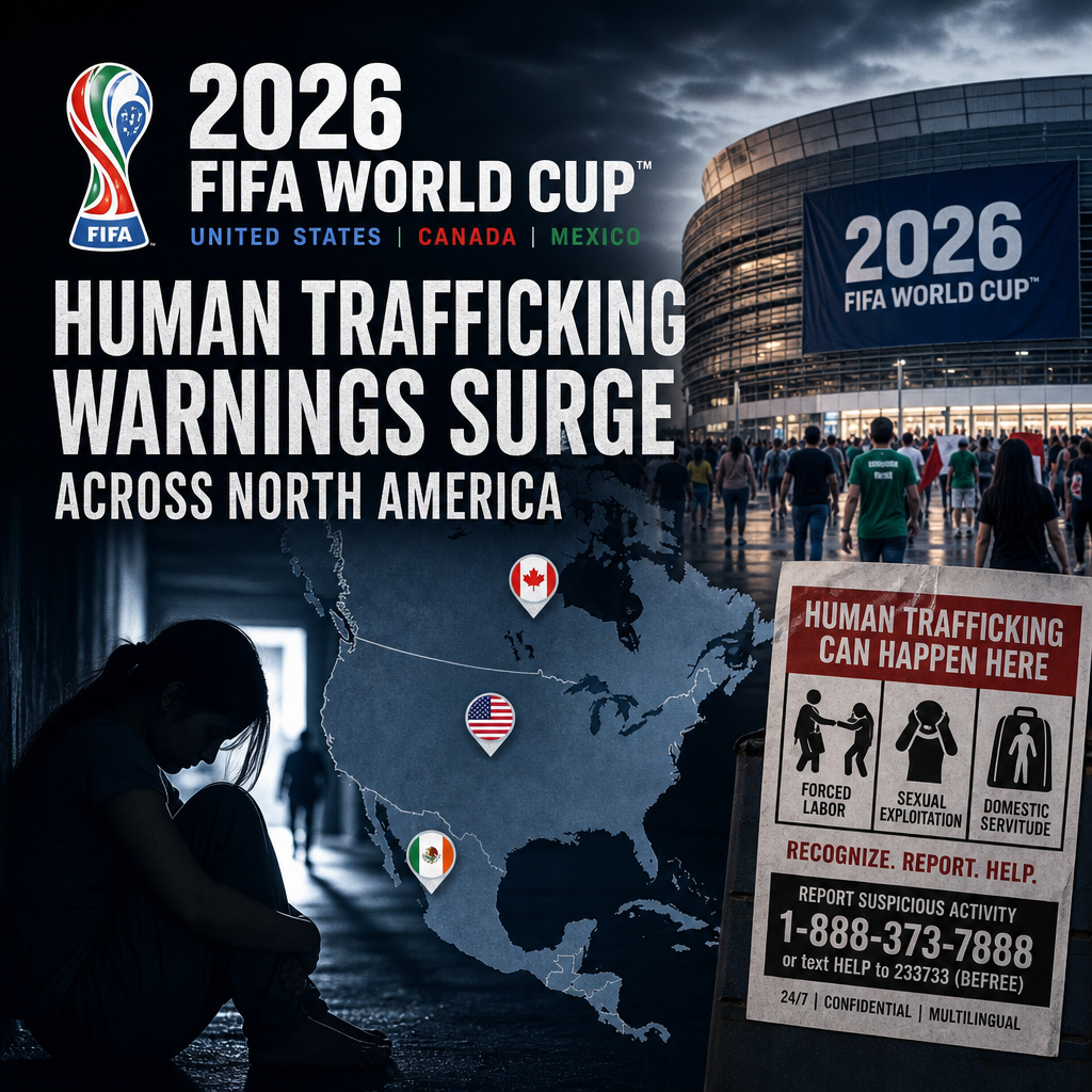 Map of North America showing increased human trafficking warnings ahead of the 2026 FIFA World Cup.