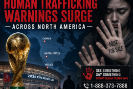 Infographic showing rising human trafficking warnings ahead of the 2026 FIFA World Cup in North America.