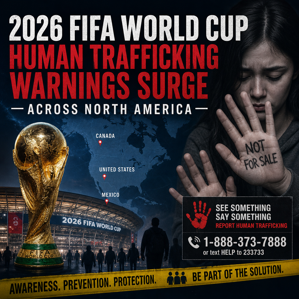 Infographic showing rising human trafficking warnings ahead of the 2026 FIFA World Cup in North America.