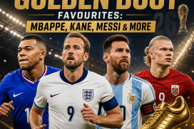 Portraits of World Cup 2026 Golden Boot favorites including Mbappe, Kane, and Messi with their names below.