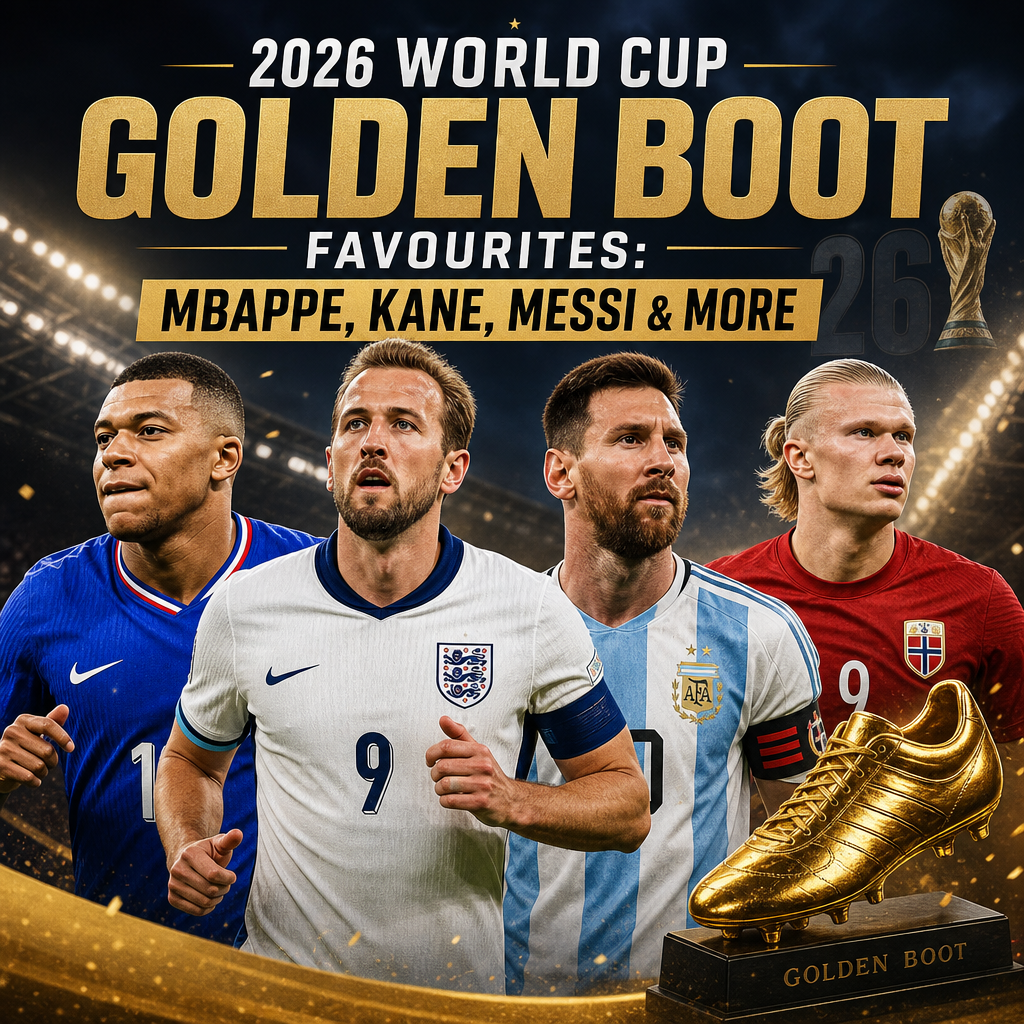 Portraits of World Cup 2026 Golden Boot favorites including Mbappe, Kane, and Messi with their names below.