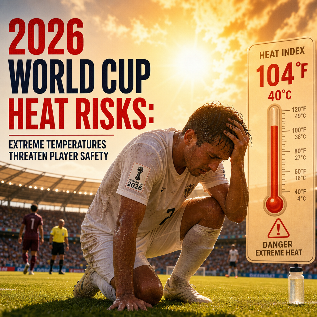 Map showing extreme heat risks with temperatures up to 104°F (40°C) for the 2026 World Cup venues.
