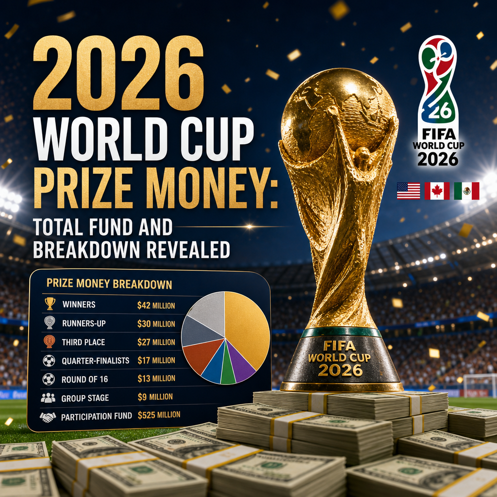 Infographic showing the total prize money and detailed financial breakdown for the 2026 FIFA World Cup.