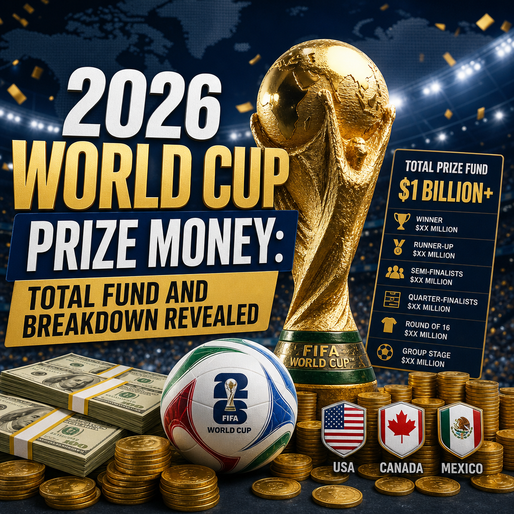 Infographic showing the $1 billion total prize money breakdown for the 2026 World Cup hosted by USA, Canada, and Mexico.