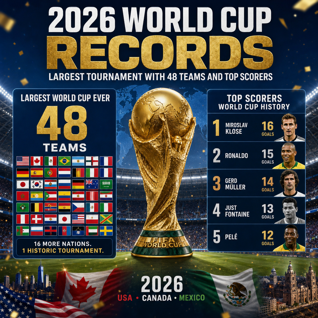 Infographic showing 2026 World Cup as largest with 48 teams and top all-time goal scorers.