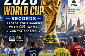 Infographic showing the 2026 FIFA World Cup with 48 teams, top scorers Messi, Mbappé, Neymar Jr, and Ronaldo.