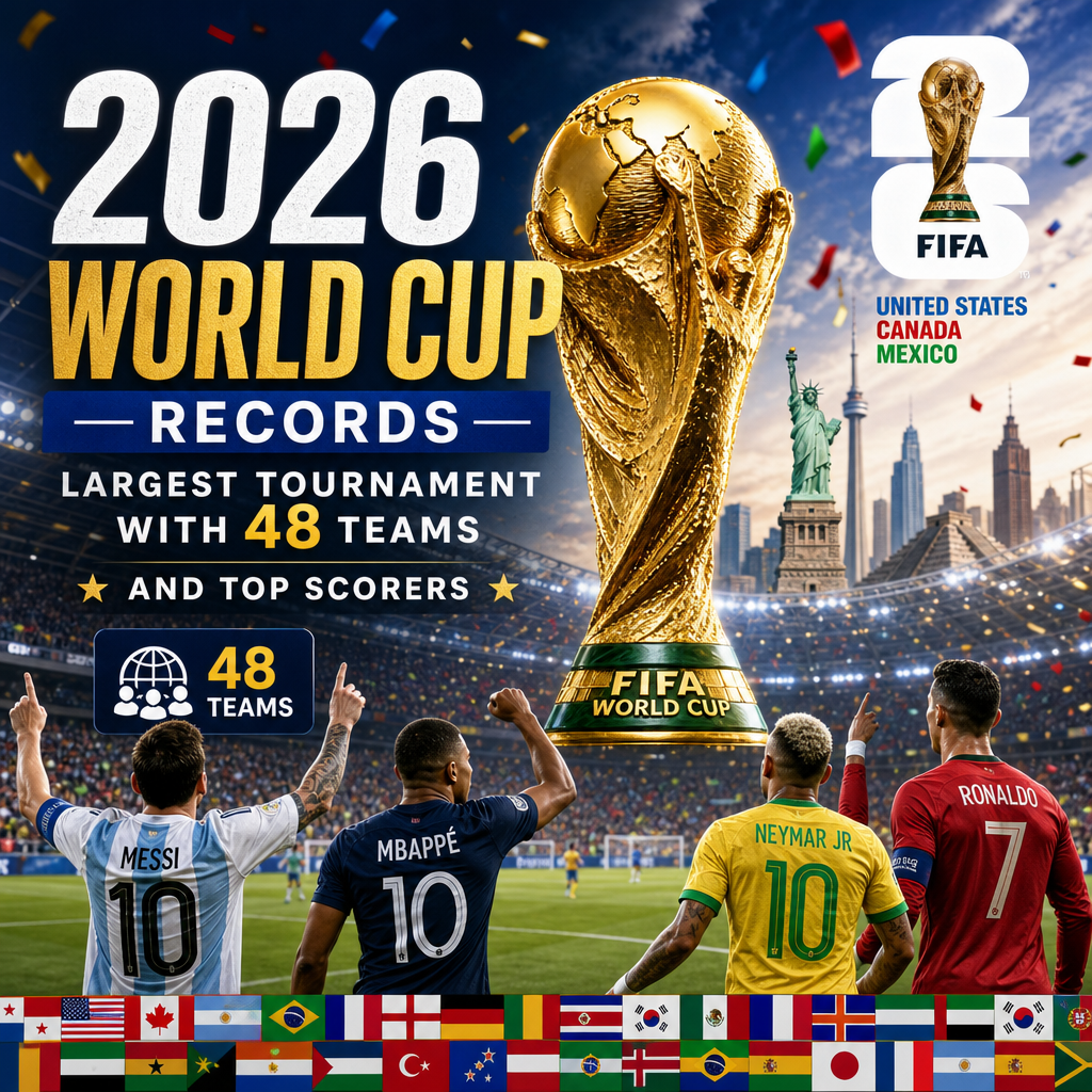 Infographic showing the 2026 FIFA World Cup with 48 teams, top scorers Messi, Mbappé, Neymar Jr, and Ronaldo.